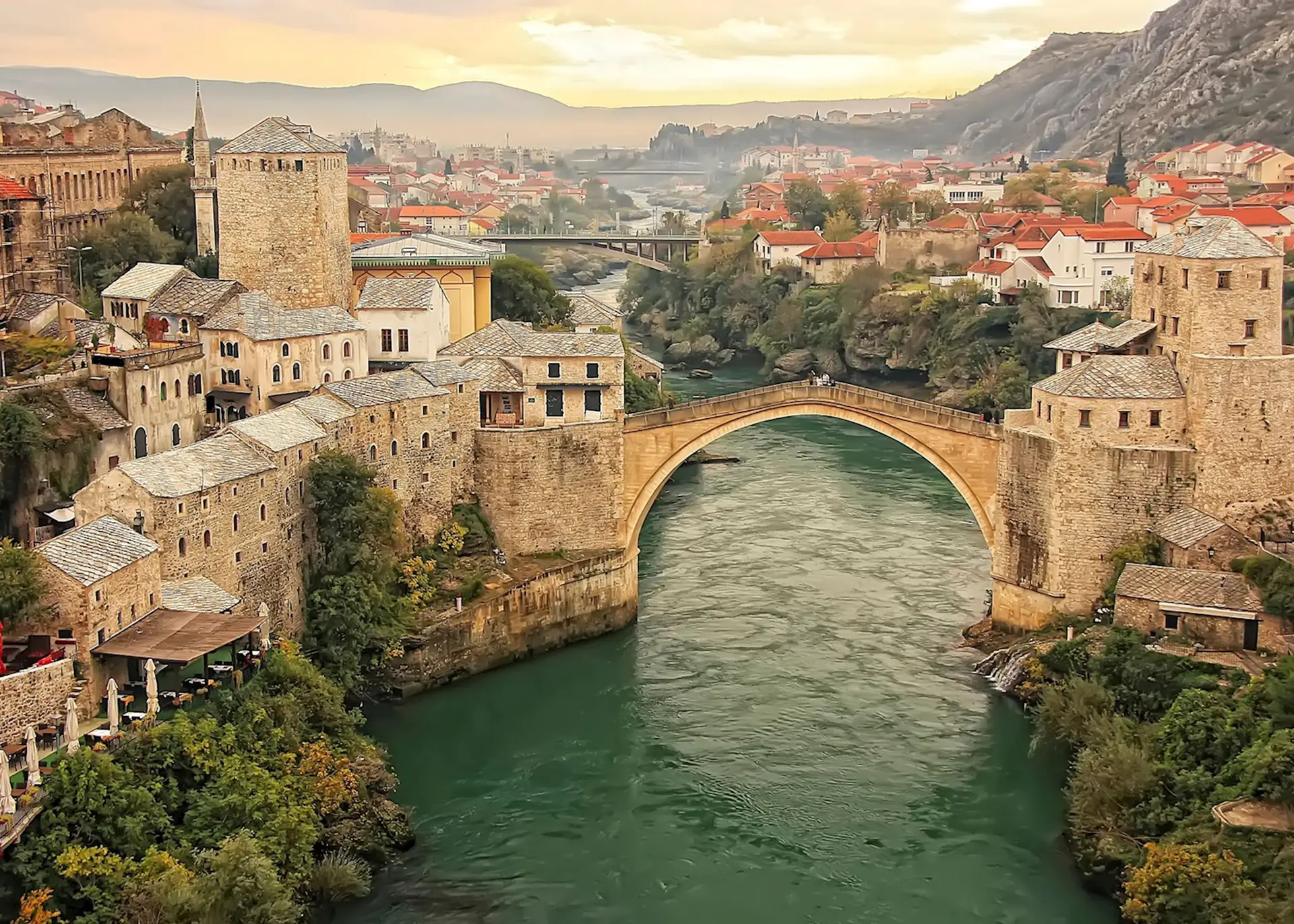 The Old Bridge in Mostar spanning the Neretva River, Bosnia